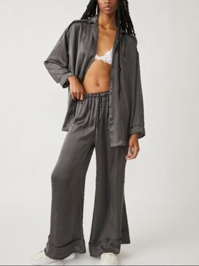 Free People Dreamy Days Black Satin Pajamas Set